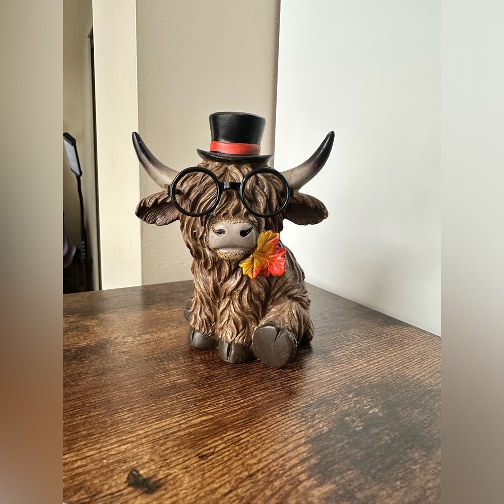 Hobby Lobby Highland Cow Figurine with Glasses and Hat